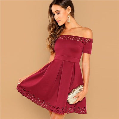 Confidence Boost Burgundy Bardot Skater Mini Dress - Fashion Genie Boutique