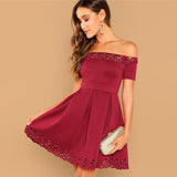 Confidence Boost Burgundy Bardot Skater Mini Dress - Fashion Genie Boutique