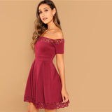 Confidence Boost Burgundy Bardot Skater Mini Dress - Fashion Genie Boutique