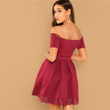 Confidence Boost Burgundy Bardot Skater Mini Dress - Fashion Genie Boutique