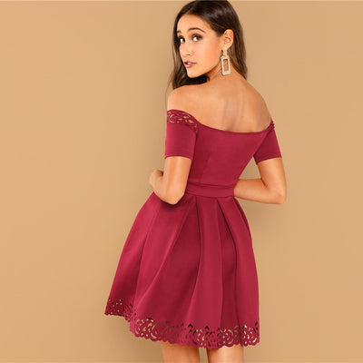 Confidence Boost Burgundy Bardot Skater Mini Dress - Fashion Genie Boutique