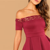 Confidence Boost Burgundy Bardot Skater Mini Dress - Fashion Genie Boutique