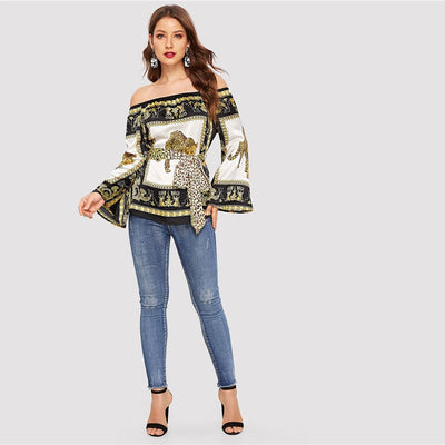 Sincerely Multi Bardot Scarf Print Long Sleeve Top - Fashion Genie Boutique