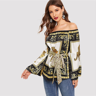 Sincerely Multi Bardot Scarf Print Long Sleeve Top - Fashion Genie Boutique