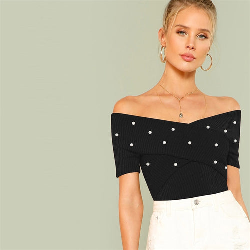 Flirt Factory Black Bardot Pearl Embellished Top - Fashion Genie Boutique