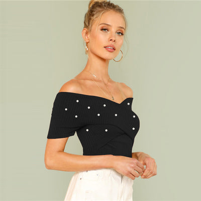 Flirt Factory Black Bardot Pearl Embellished Top - Fashion Genie Boutique
