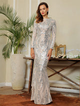 Oscar Night Silver Sequin Long Sleeve Maxi Dress - Fashion Genie Boutique