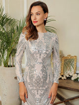 Oscar Night Silver Sequin Long Sleeve Maxi Dress - Fashion Genie Boutique