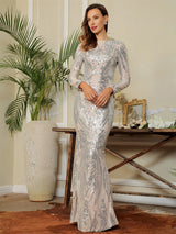 Oscar Night Silver Sequin Long Sleeve Maxi Dress - Fashion Genie Boutique