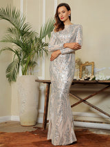 Oscar Night Silver Sequin Long Sleeve Maxi Dress - Fashion Genie Boutique
