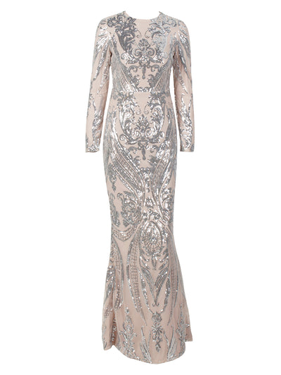 Oscar Night Silver Sequin Long Sleeve Maxi Dress - Fashion Genie Boutique