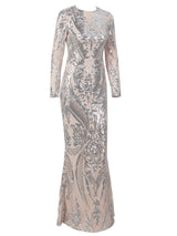 Oscar Night Silver Sequin Long Sleeve Maxi Dress - Fashion Genie Boutique