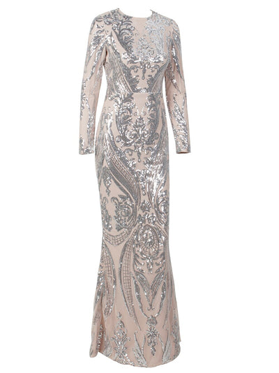 Oscar Night Silver Sequin Long Sleeve Maxi Dress - Fashion Genie Boutique