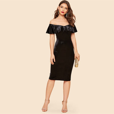 Filled With Surprises Black Bardot Velvet Midi Dress - Fashion Genie Boutique