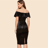 Filled With Surprises Black Bardot Velvet Midi Dress - Fashion Genie Boutique
