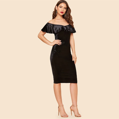 Filled With Surprises Black Bardot Velvet Midi Dress - Fashion Genie Boutique