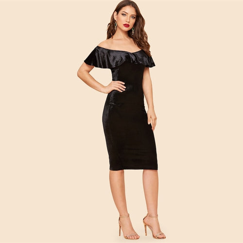 Filled With Surprises Black Bardot Velvet Midi Dress - Fashion Genie Boutique