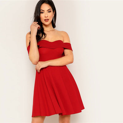 Sunny Story Red Bardot Skater Mini Dress - Fashion Genie Boutique