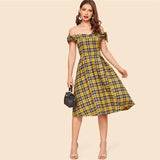 Malta Yellow Tartan Bardot Flared Midi Dress - Fashion Genie Boutique