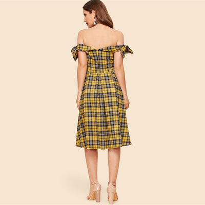 Malta Yellow Tartan Bardot Flared Midi Dress - Fashion Genie Boutique