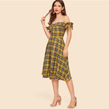 Malta Yellow Tartan Bardot Flared Midi Dress - Fashion Genie Boutique