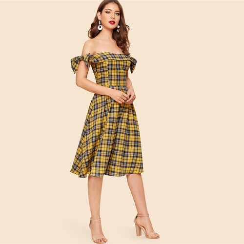Malta Yellow Tartan Bardot Flared Midi Dress - Fashion Genie Boutique