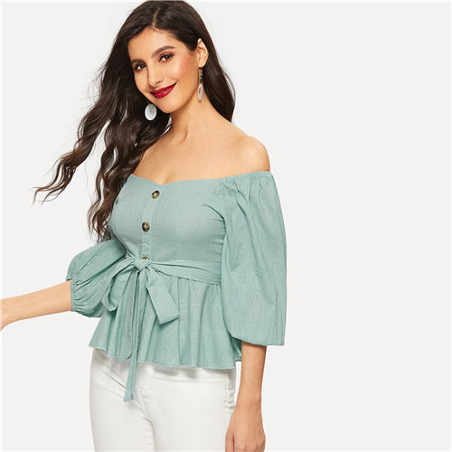 Getaway Green Bardot Peplum Top - Fashion Genie Boutique