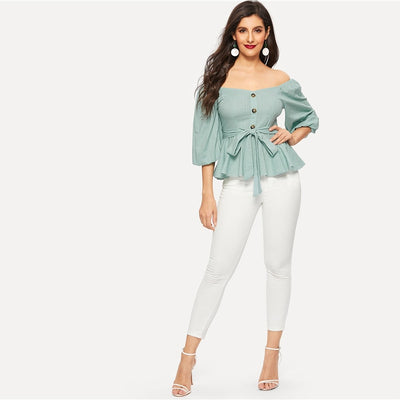 Getaway Green Bardot Peplum Top - Fashion Genie Boutique