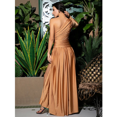 Serena Orange One Shoulder Pleated Maxi Gown Dress - Fashion Genie Boutique