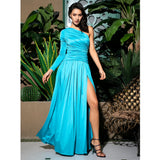 Serena Blue One Shoulder Pleated Maxi Gown Dress - Fashion Genie Boutique
