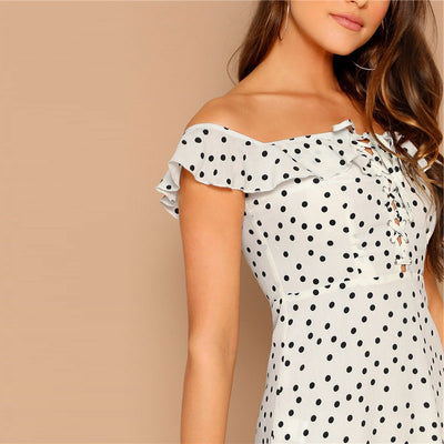 Beach House White Bardot Polka Dot Mini Dress - Fashion Genie Boutique