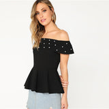 Filled With Surprises Black Bardot Peplum Pearl Embellished Top - Fashion Genie Boutique