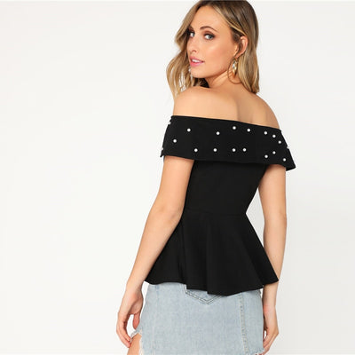 Filled With Surprises Black Bardot Peplum Pearl Embellished Top - Fashion Genie Boutique
