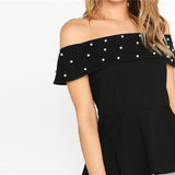 Filled With Surprises Black Bardot Peplum Pearl Embellished Top - Fashion Genie Boutique