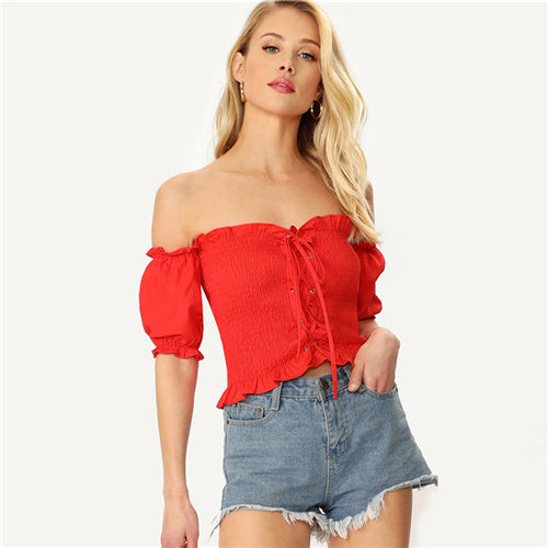 Honey Punch Red Bardot Gypsy Crop Top - Fashion Genie Boutique
