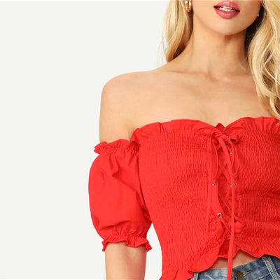 Honey Punch Red Bardot Gypsy Crop Top - Fashion Genie Boutique
