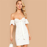 Meria White Bardot Bow Mini Dress - Fashion Genie Boutique