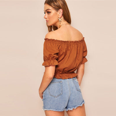 Shoulder Action Brown Bardot Gypsy Top - Fashion Genie Boutique
