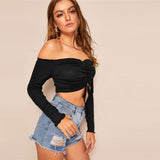 Upstage Black Bardot Long Sleeve Crop Top - Fashion Genie Boutique
