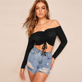 Upstage Black Bardot Long Sleeve Crop Top - Fashion Genie Boutique