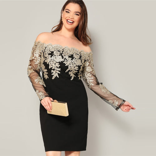 Dakota Showstopper Black Bardot Long Sleeve Mini Dress - Plus Size - Fashion Genie Boutique