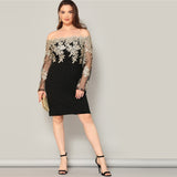 Dakota Showstopper Black Bardot Long Sleeve Mini Dress - Plus Size - Fashion Genie Boutique
