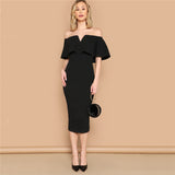 Play The Party Black Bardot Ruffle Midi Dress - Fashion Genie Boutique