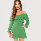 Frill and Grace Green Bardot Wrap Long Sleeve Mini Dress - Fashion Genie Boutique
