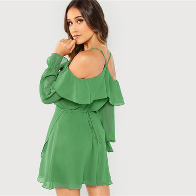 Frill and Grace Green Bardot Wrap Long Sleeve Mini Dress - Fashion Genie Boutique