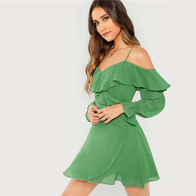 Frill and Grace Green Bardot Wrap Long Sleeve Mini Dress - Fashion Genie Boutique