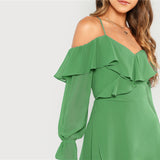 Frill and Grace Green Bardot Wrap Long Sleeve Mini Dress - Fashion Genie Boutique