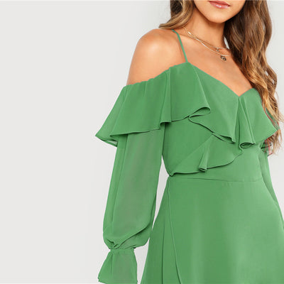 Frill and Grace Green Bardot Wrap Long Sleeve Mini Dress - Fashion Genie Boutique