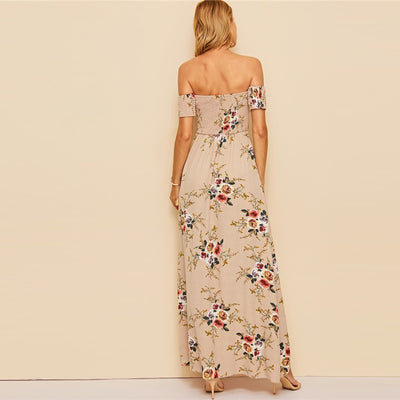 Blushing Blooms Nude Bardot Maxi Dress - Fashion Genie Boutique