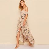 Blushing Blooms Nude Bardot Maxi Dress - Fashion Genie Boutique